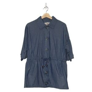 AMI Dress Women Small Blue Cotton Chambray Denim Shirt Snap Close Beachy Coastal